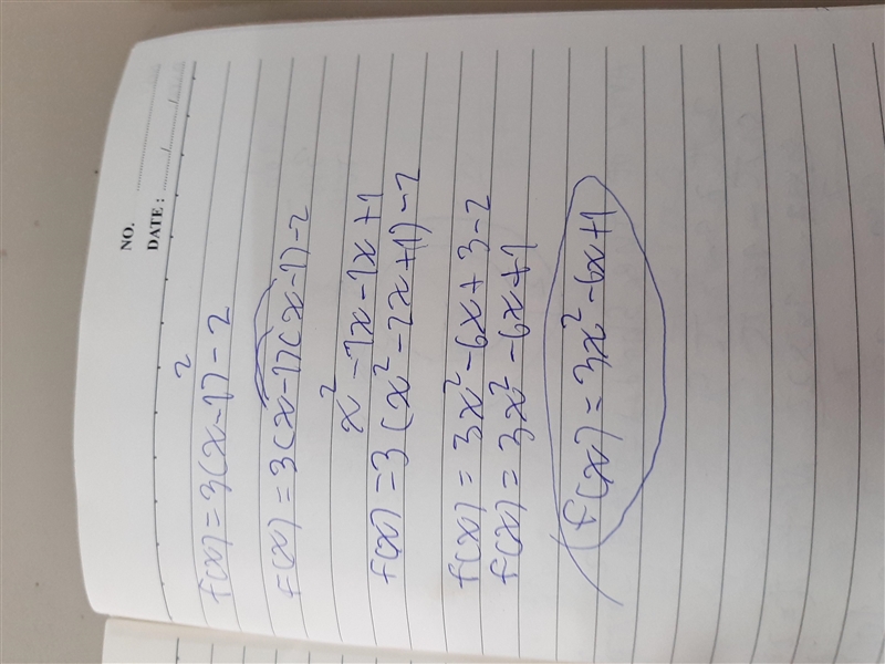 Rewrite the function f (x) = 3 (x - 1)^2 – 2 in the form f(x) = ax^2+bx+c-example-1