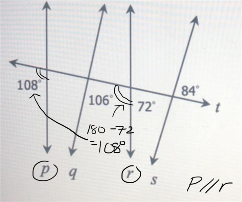 8. Which pair of lines must be parallel? 108° 84 106 72° t A. p and r B. q and s C-example-1