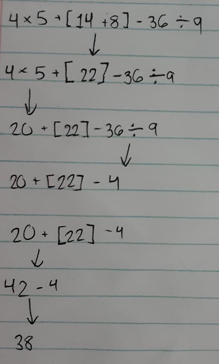 4 × 5 + [14 + 8] - 36 ÷ 9-example-1