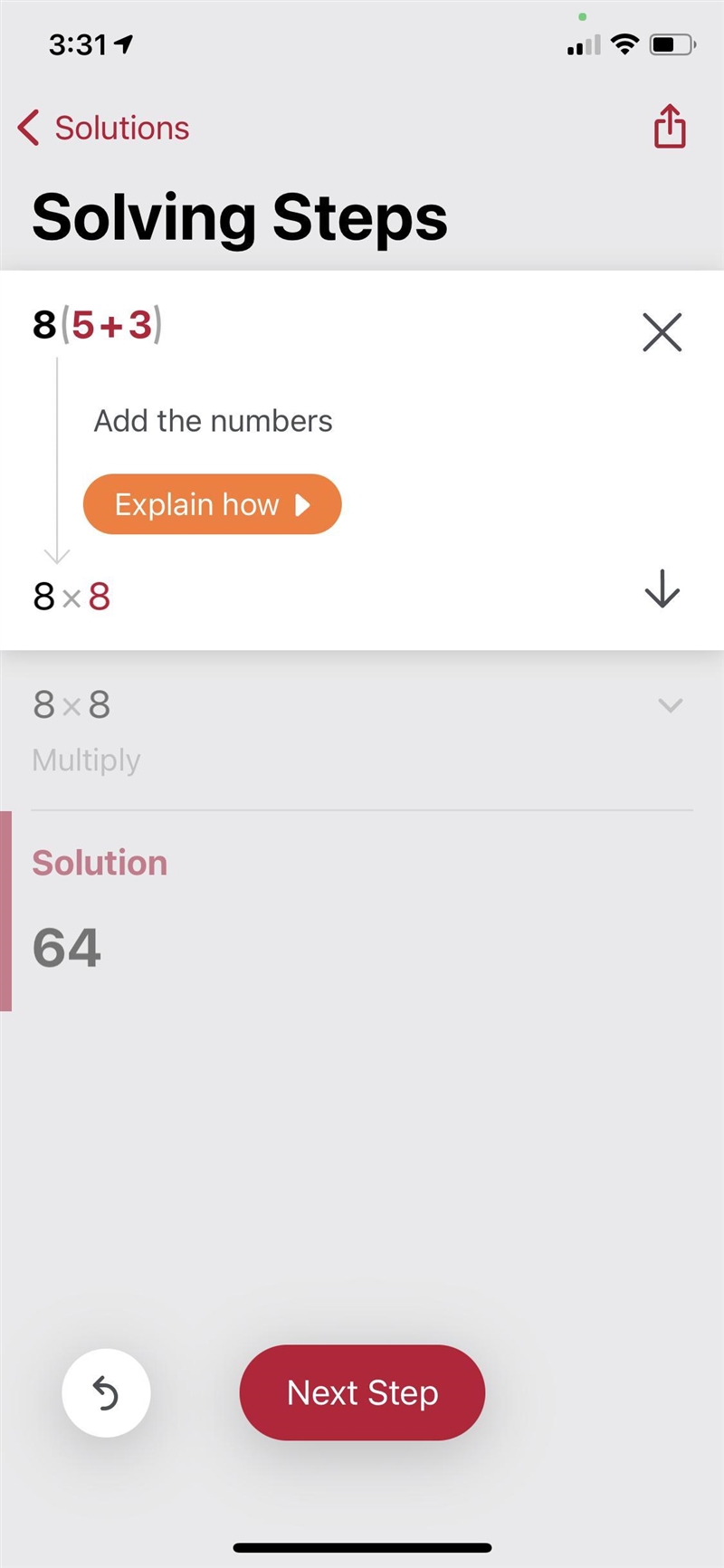 Solve: 8 (5 + 3) 1. What number are you distributing? 2. Show your work 3. Answer-example-1