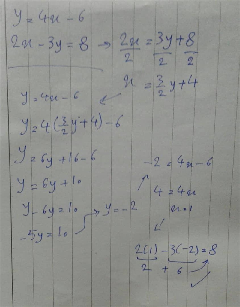 Y=4x-6 2x-3y=8 if this problem is to be solved bye substitution, which is correct-example-1