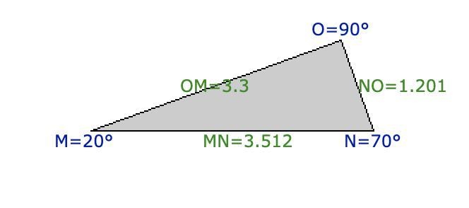 In ΔMNO, the measure of ∠O=90°, the measure of ∠N=70°, and OM = 3.3 feet. Find the-example-1