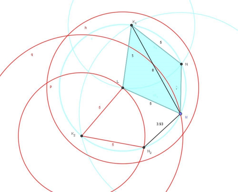 Construct a quadrilateral KLMN in which KL=LM=KM=5cm,KM=8cm and LN =6 cm​-example-1