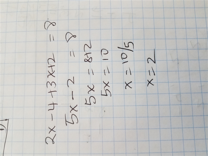 B is between A and C. AB = 2x-4, BC = 3x+2 and AC = 8. What is the value of x?-example-1