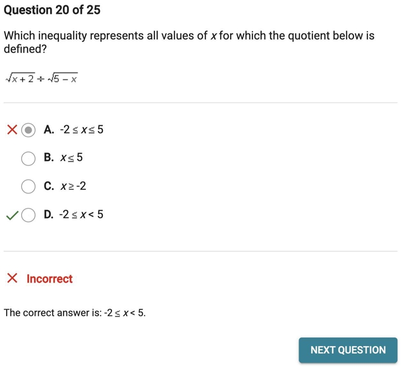 Which inequality represents all values of x for which the quotient below is defined-example-1