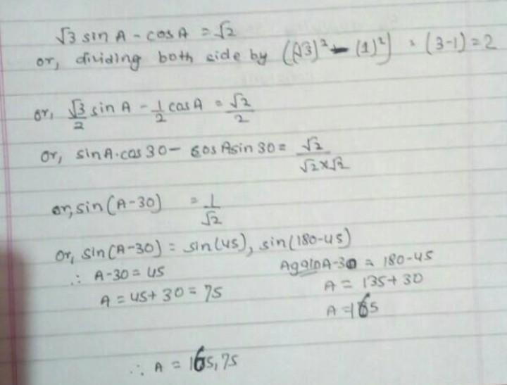 √(3) \sin(x) - \cos(x) = √(2) ( < 0 \leqslant x \leqslant 360 solve it​-example-1