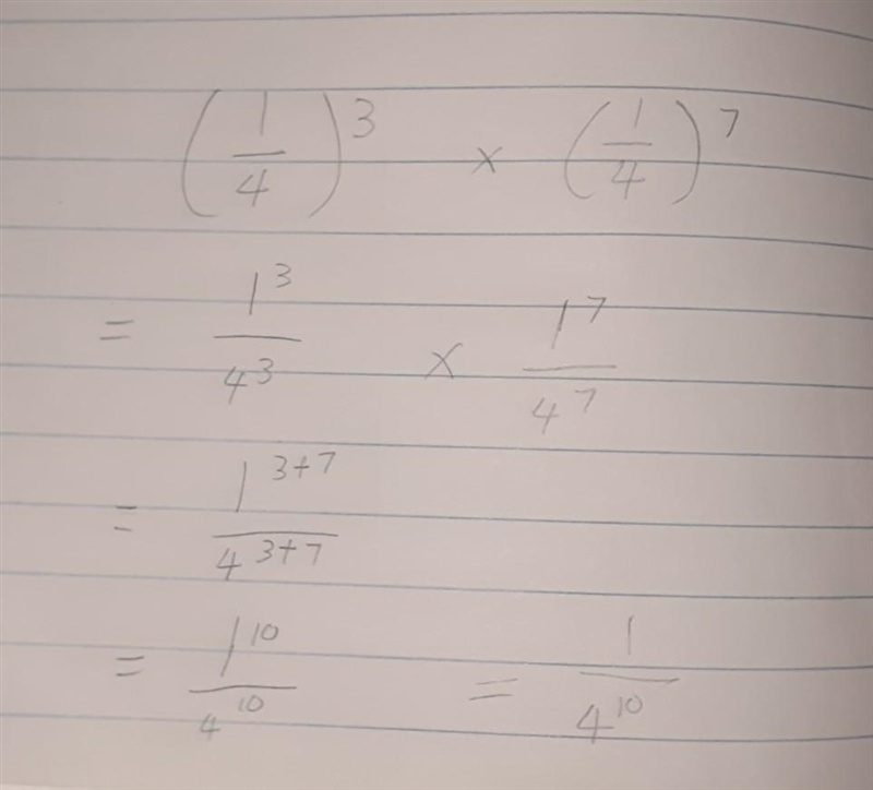 Simplify the expression. Write your answer in positive exponent form: (1/4) ^3 x (1/4) ^7-example-1