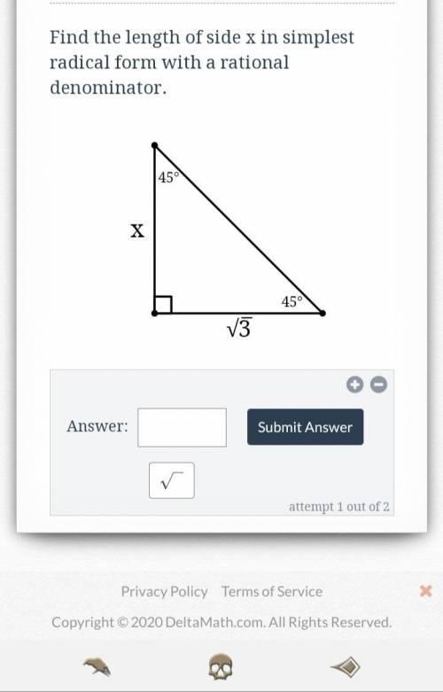 The triangle is isosceles find the length h of side x in simplest radical form with-example-1