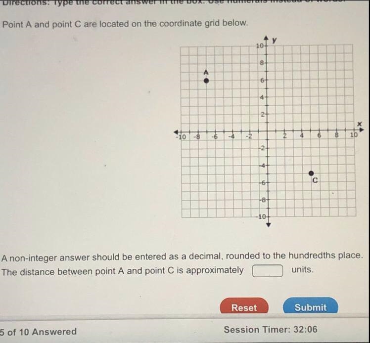 Point A and point C are located on the coordinate grid below. A non-integer answer-example-1