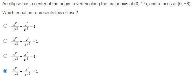 NEED ANSWER IN FIVE MINUTES!!!!!!!! An ellipse has a center at the origin, a vertex-example-1