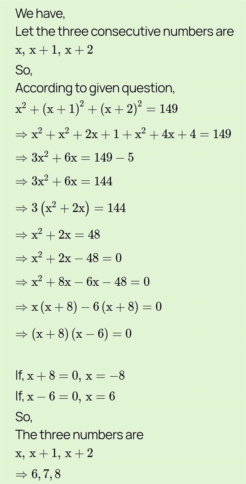 Find three consecutive square numbers whose sum is 149(I need the steps)​-example-1