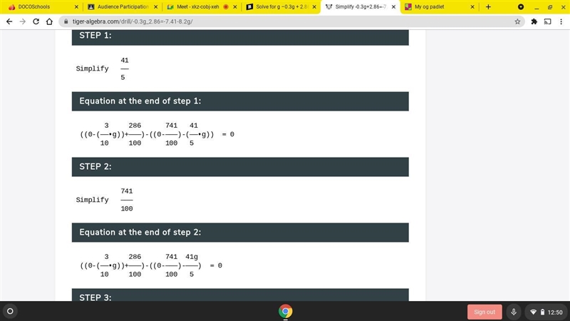 Solve for g –0.3g + 2.86 = –7.41 − 8.2g-example-2