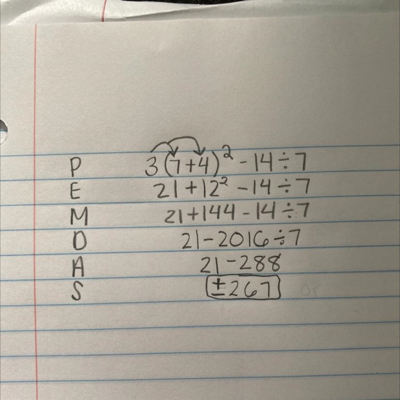 Evaluate the expression 3(7 + 4)^2 − 14 ÷ 7 -An explanation on how to find the answer-example-1