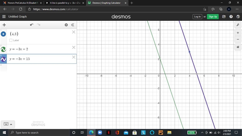 A line is parallel to y = -3x + 2 and intersects the point (4,3). What is the equation-example-1