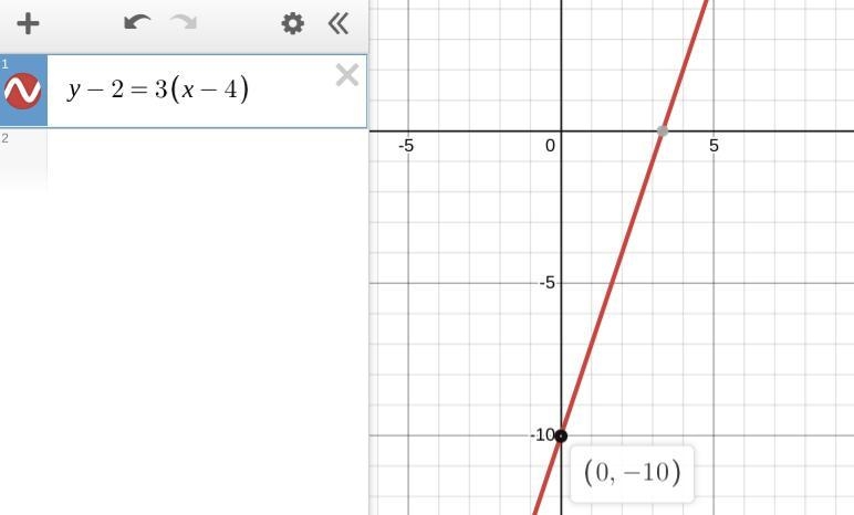 7 1 The equation Y-2-3(x-4) is written in point-slope form. What is the y-intercept-example-1