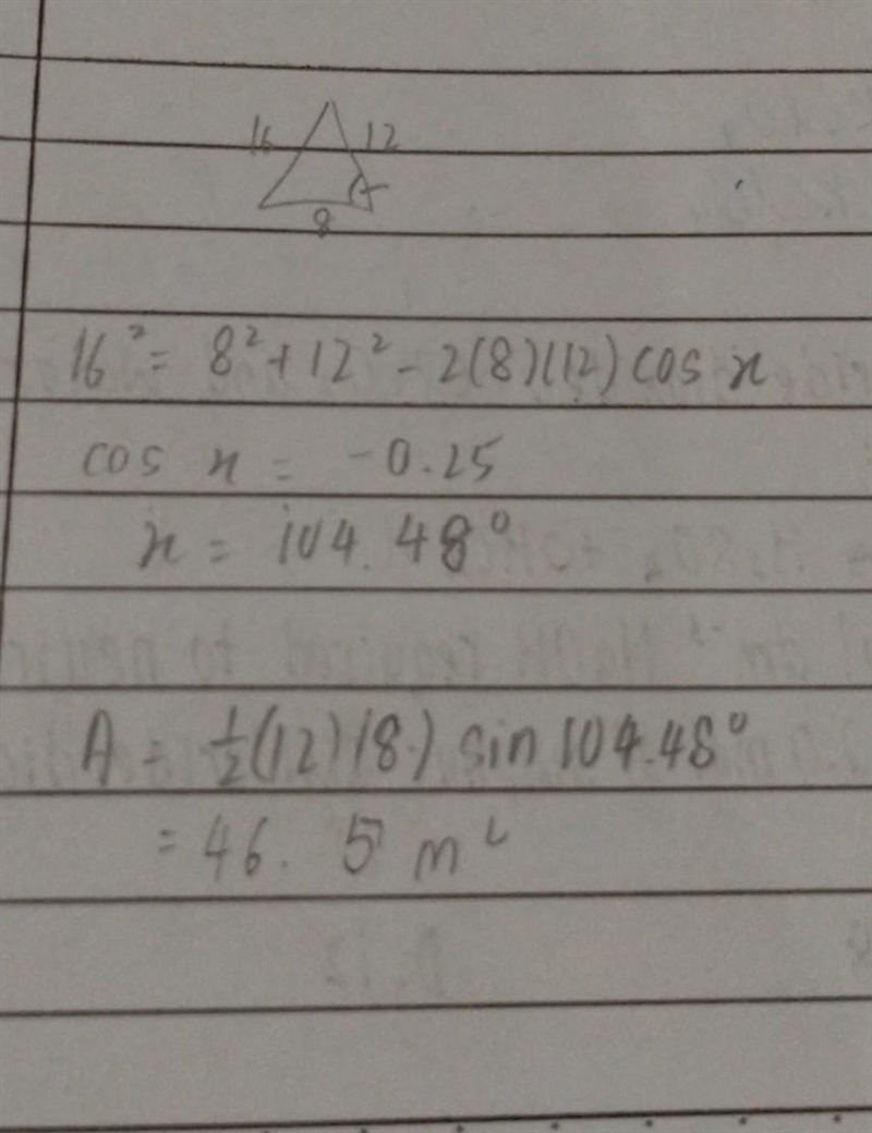 Find the area of a triangle with legs that are: 16 m, 12 m, and 8 m. O A. 16.4 m2 B-example-1