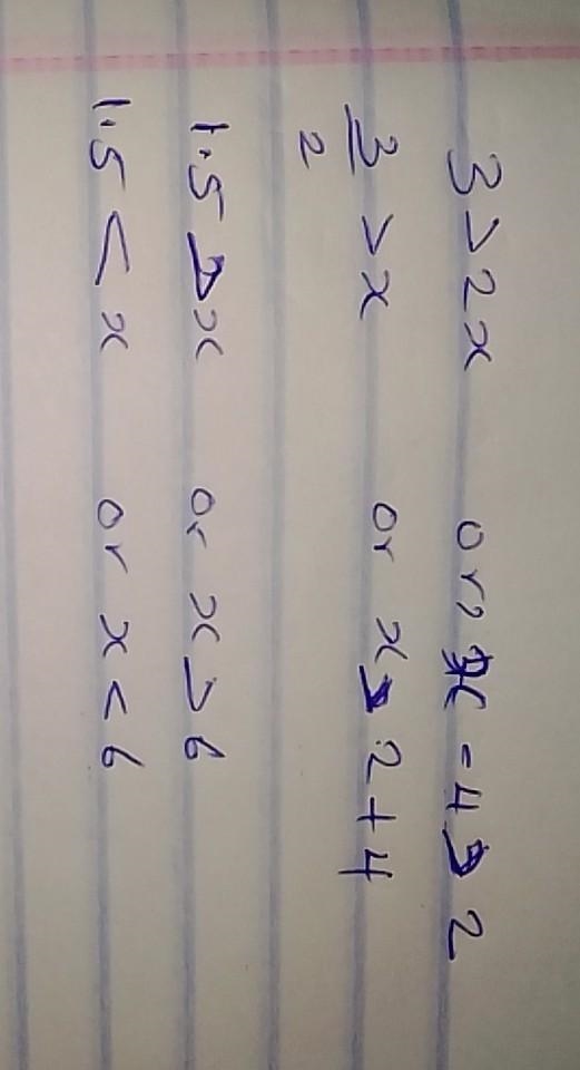 Solve the compound inequality. 3 > 2x or x - 4 > 2 x < or x >-example-1