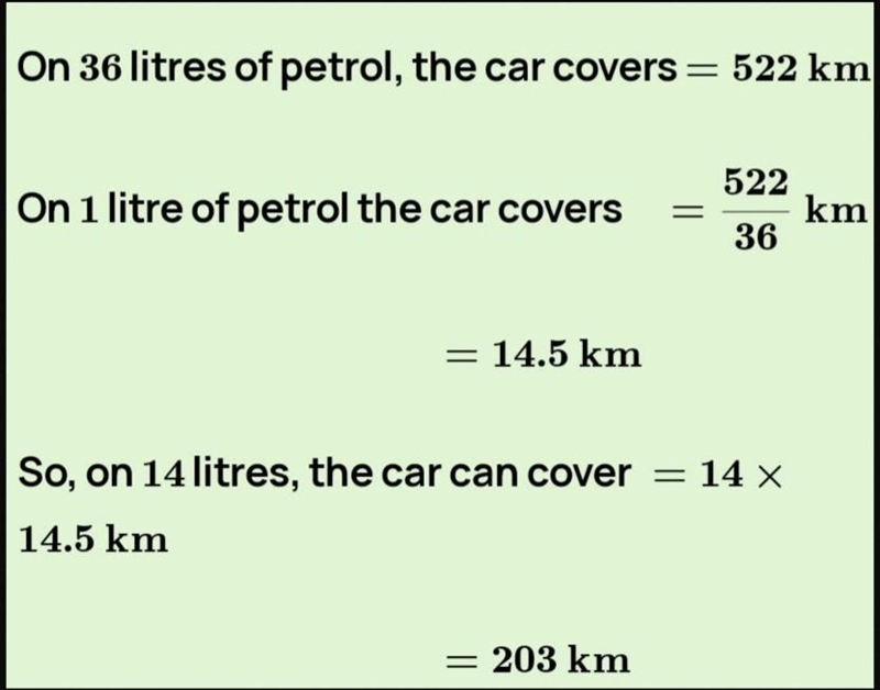 A car can cover a distance of 522 km on 36 litres of diesel.How for can it travel-example-1