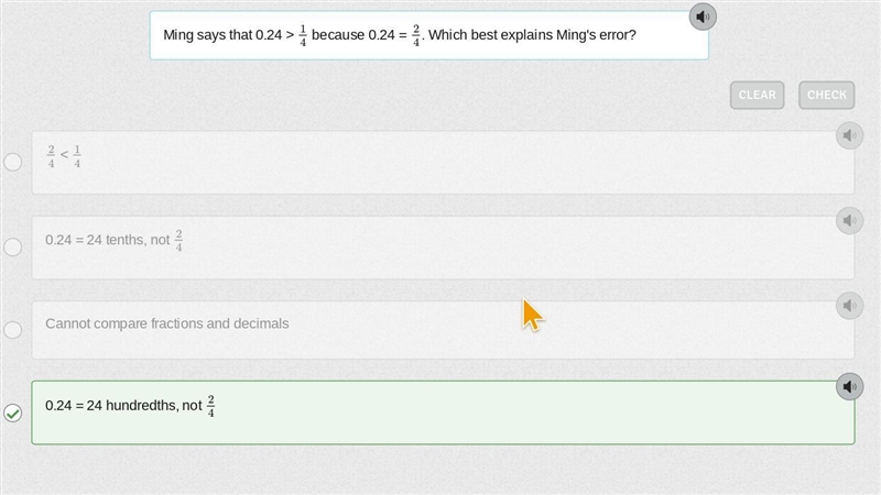 Ming says that 0.24 > 14 because 0.24 = 24. Which best explains Ming's error? 24 &lt-example-1