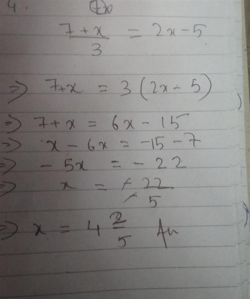 Solve 7+x over 3 = 2x-5-example-1