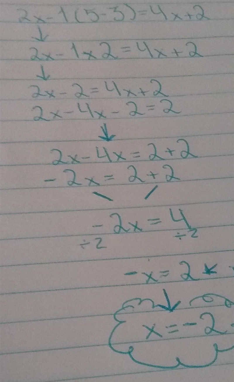 What are the steps to solving 2x−1(5−3x)=4x+2-example-1