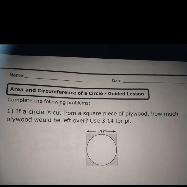 If the circle below is cut from the square of plywood below, how many square inches-example-1