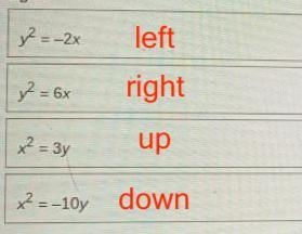 Pls help Given the equations, identify which way the parabola opens by matching an-example-1