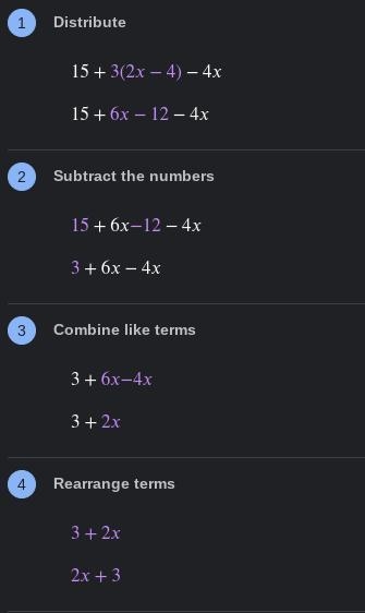 What is 15+3(2x-4)-4x can you help please-example-1