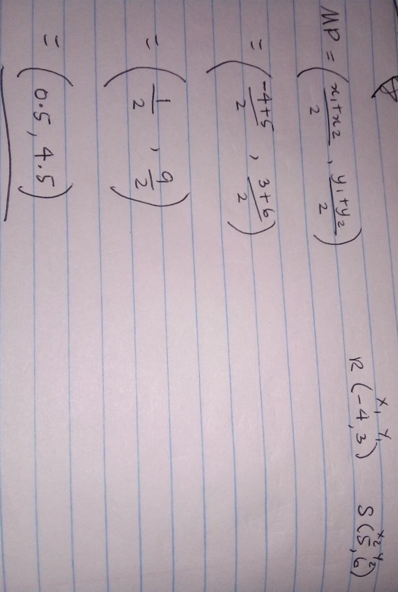 Find the midpoint of the line segment joining the points ​R(​-4,3​) and ​S(​5,6​)-example-1