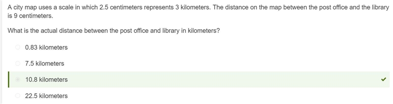 A city map uses a scale in which 2.5 centimeters represents 3 kilometers. The distance-example-1