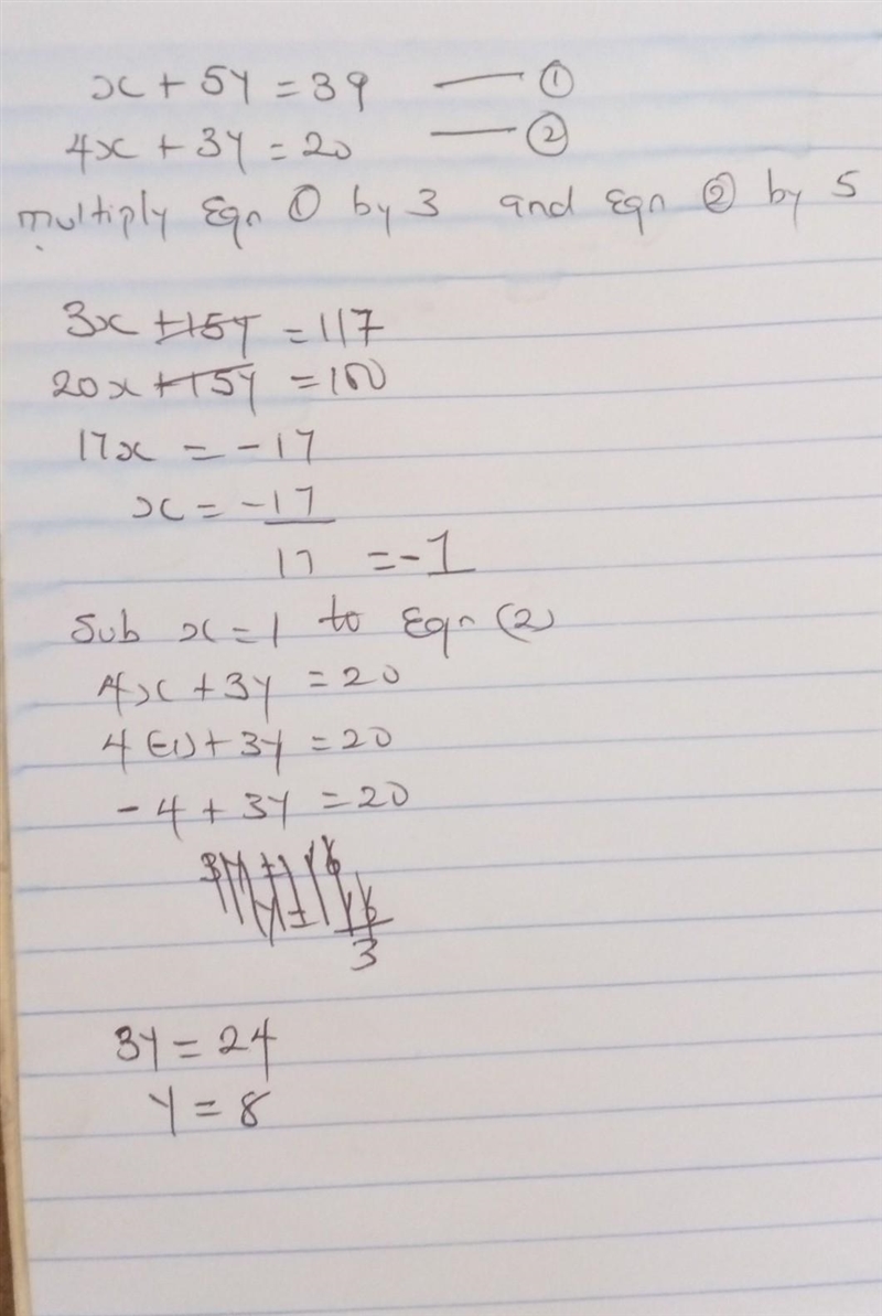 Solve the simultaneous equations: x + 5y = 39 4x + 3y = 20-example-1