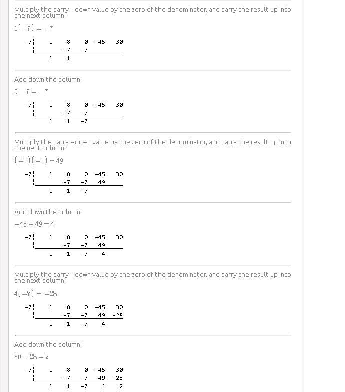 (x⁴ + 8x³ - 45x + 30) ÷ (x + 7) Topic is Polynomials. Find the answer using long division-example-2