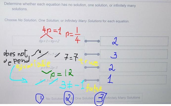 Help Me! ASAP! Determine whether each equation has no solution, one solution or infinitely-example-1