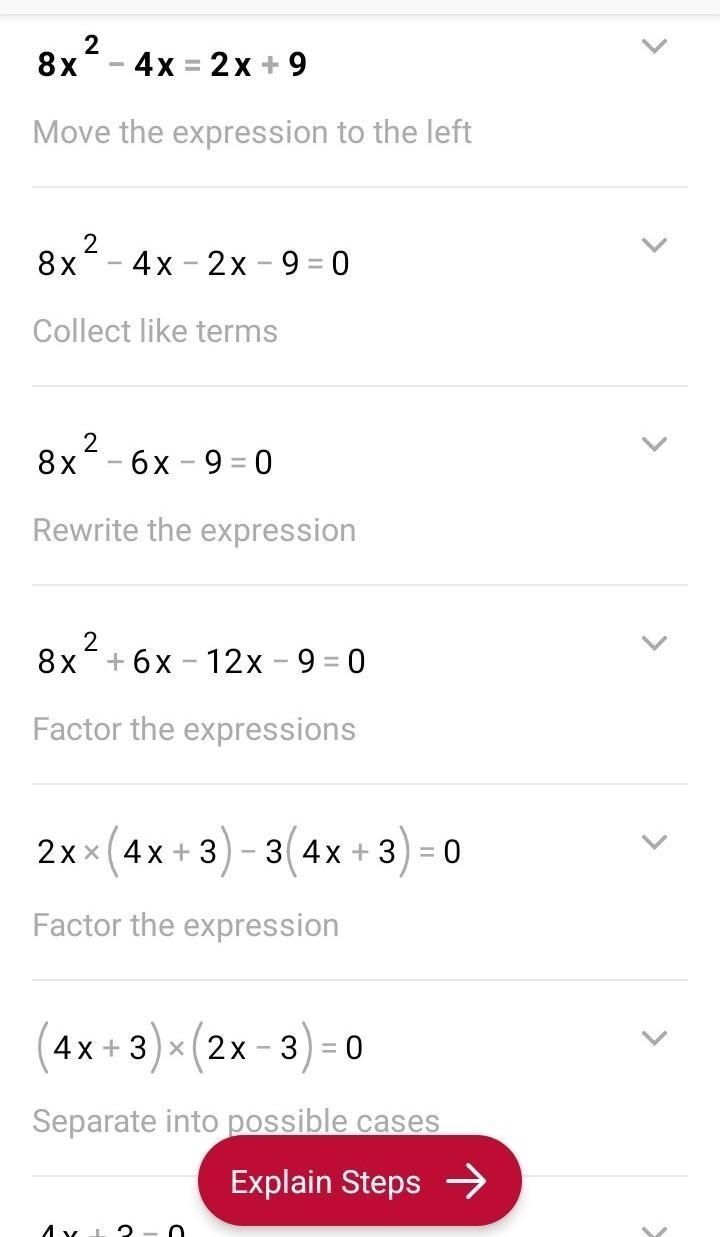 Solve each quadratic equation by factoring. Show steps pls 8x^2 - 4x = 2x +9-example-1