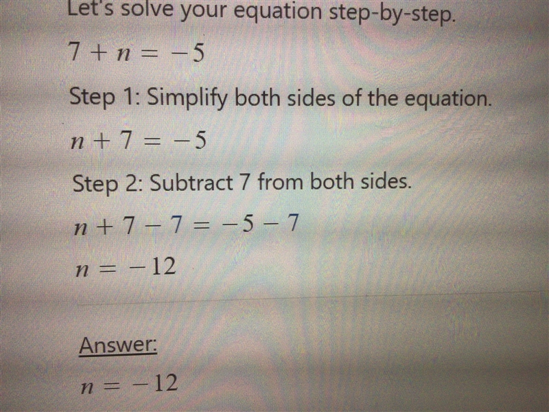 7 + n = -5 what does n equal to.-example-1