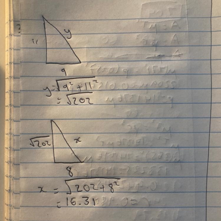 Use the Theorem of Pythagoras twice to calculate the lengths marked x. Give your answers-example-1