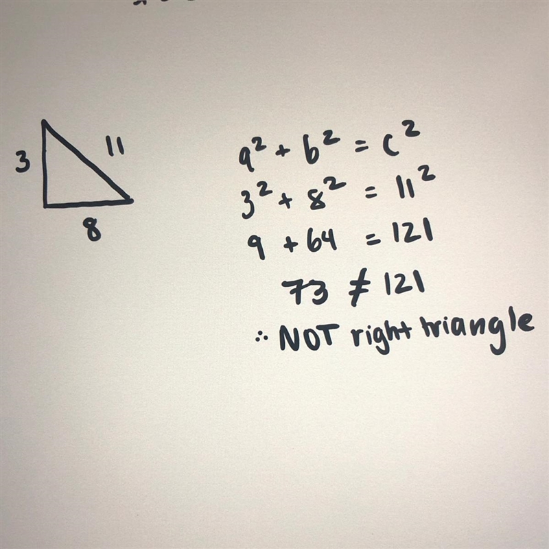 A triangle has a side lengths of 3 and 8. The diagonal has a length of 11. Can this-example-1