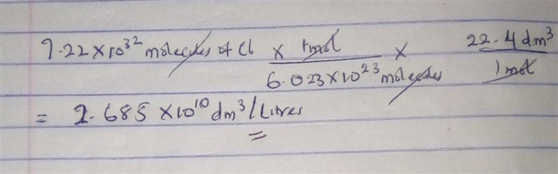 How many liters are in 7.22x10^32 molecules of chlorine-example-1