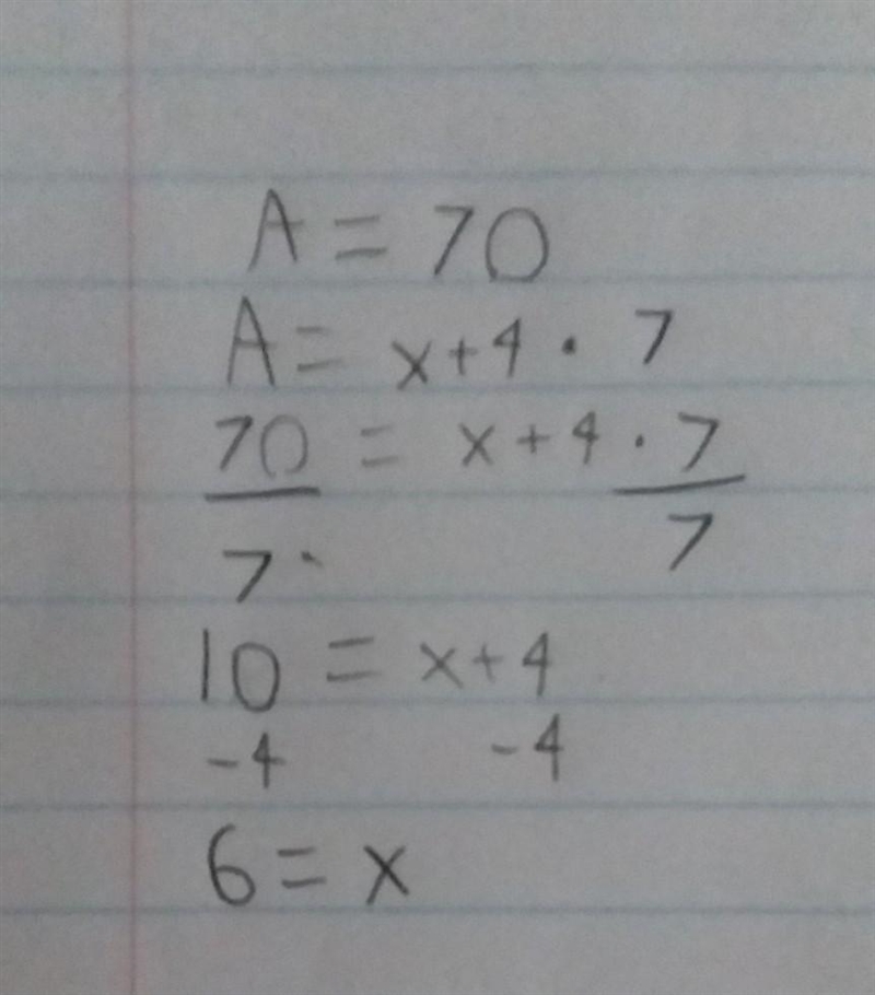 X/4 7 Write an equation and solve for x iſ the area of the rectangle is 70 square-example-1