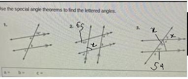 Use the special angle theorems to find the letters angles.-example-1