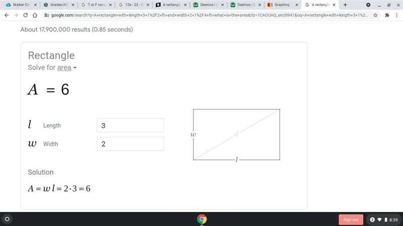 A rectangle with length 3 1/2 ft and width 2 1/4 ft what is the area-example-1