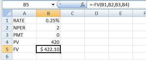 The present value in a savings account is $420. It is receiving 3% annually compounded-example-1