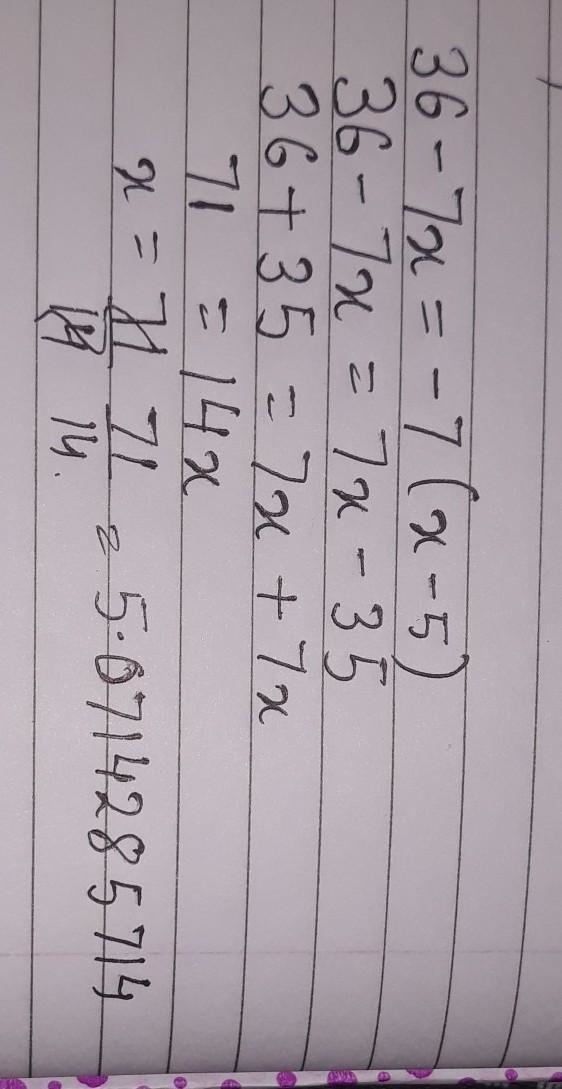 Determine the number of solutions: 36 - 7x = -7(x - 5)-example-1