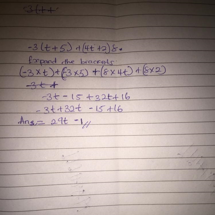 Please Help!!! Me and my dad can't figure it out!!! -3(t+5)+(4t+2)8. t=-example-1