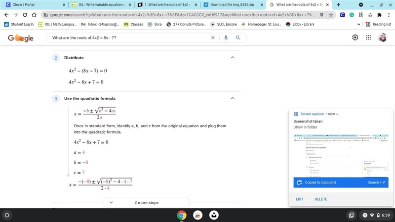 1. What are the roots of 4x2 = 8x - 7?-example-1