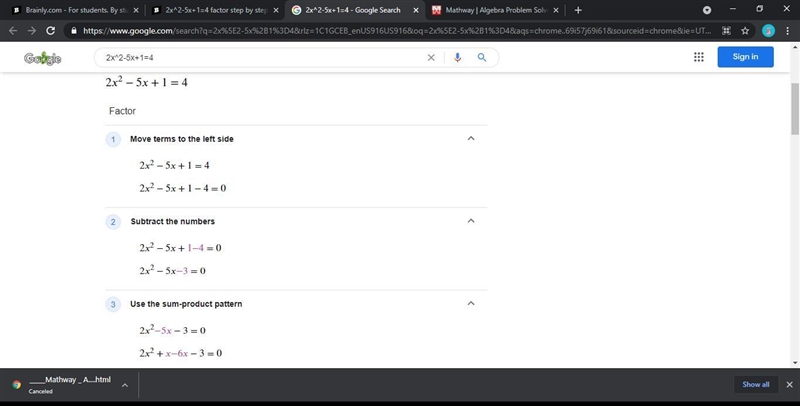 2x^2-5x+1=4 factor step by step please-example-1
