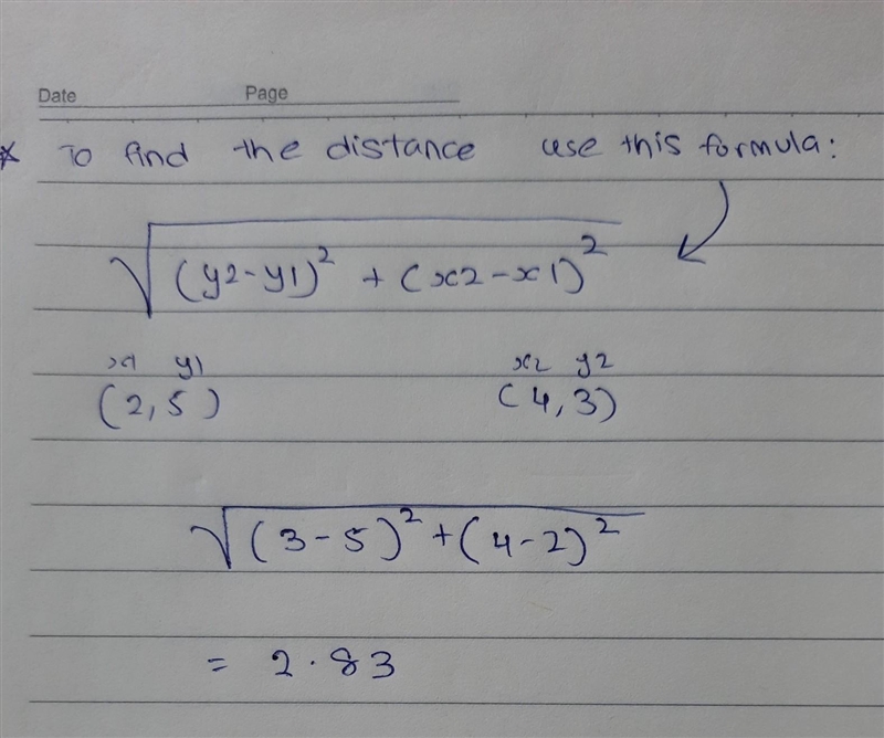 Find the distance between (2,5) and (4,3)-example-1