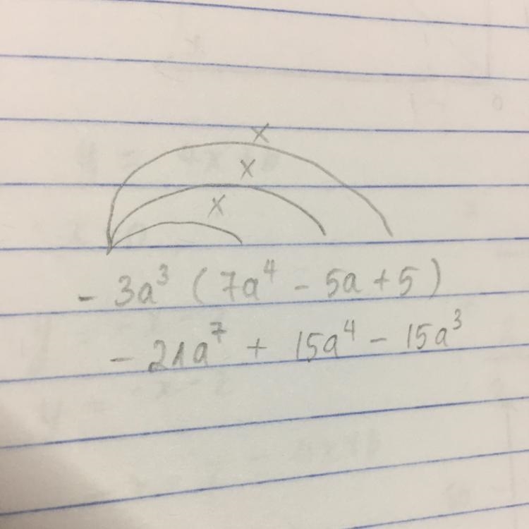 Find the product and simplify answer -3a^3(7a^4 - 5a + 5)-example-1