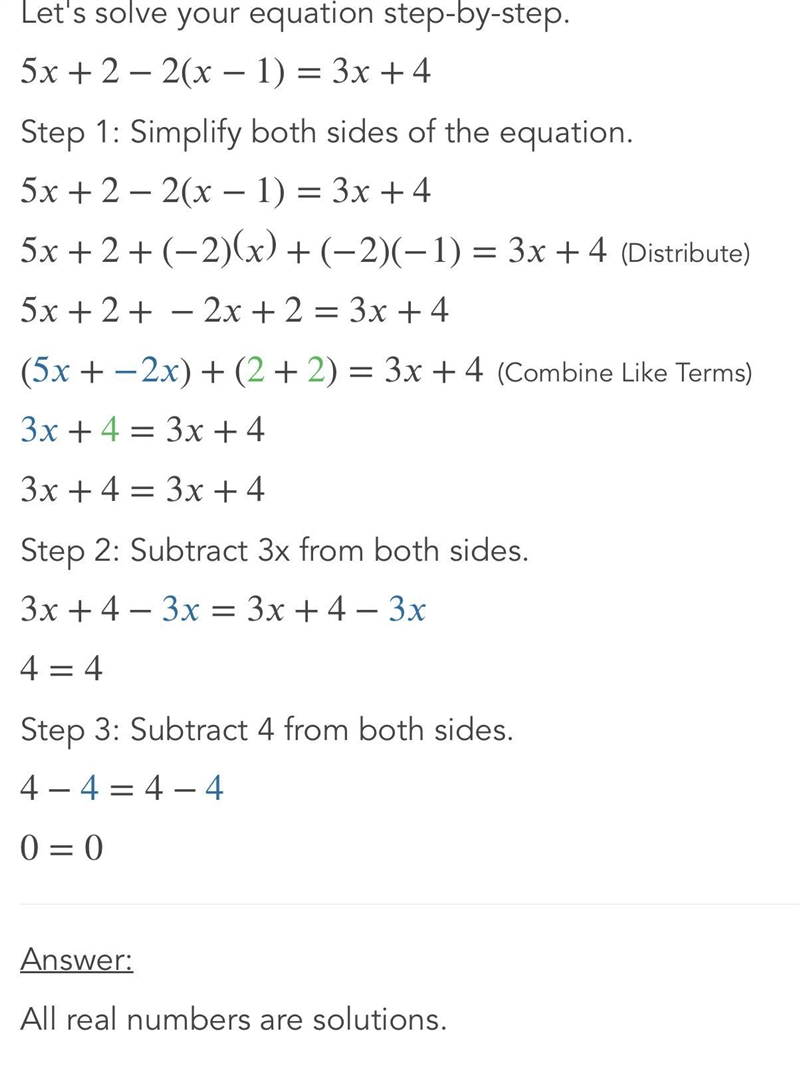 5x + 2 – 2(x - 1) = 3x + 4 how many solutions?-example-1