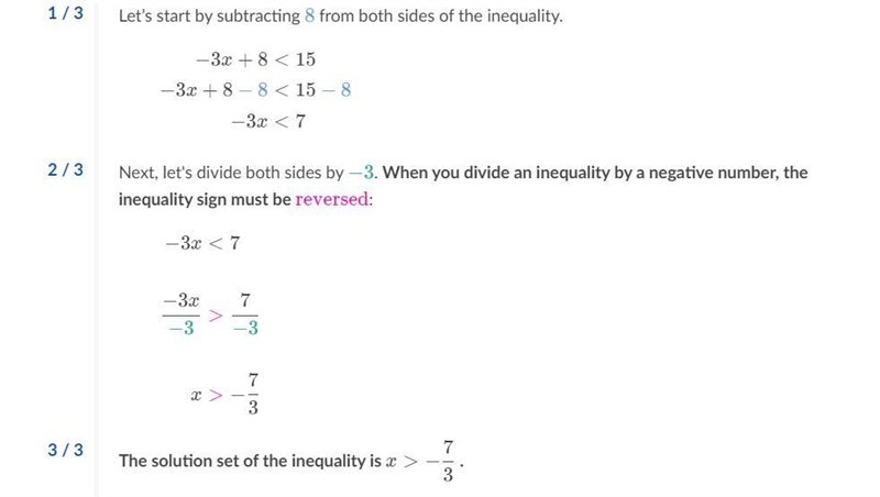 Find the solution set of the inequality: -3x + 8 < 15−3x+8<15minus, 3, x, plus-example-1